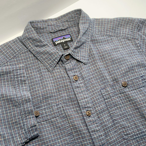 Patagonia Other - Patagonia Mens Button Shirt Back Step Short Sleeve M Cotton Hemp Blue Plaid